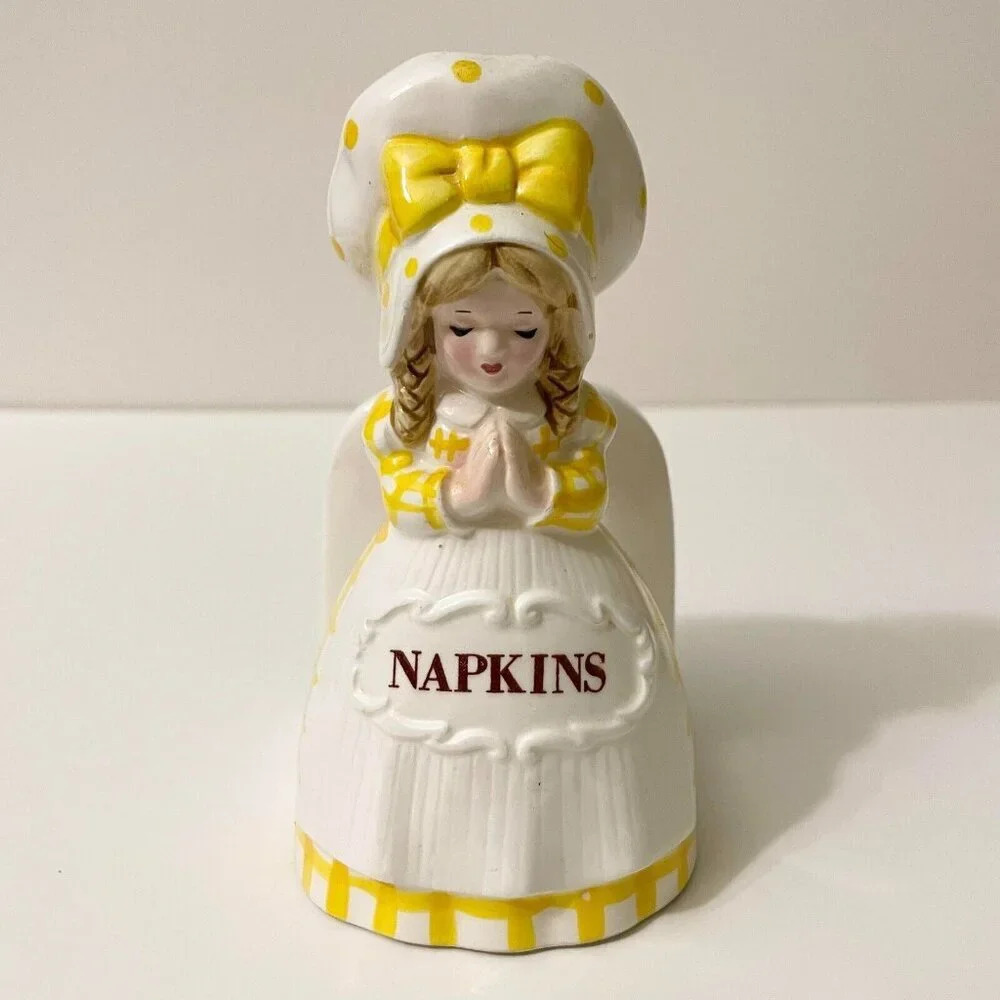 Vintage Ceramic Napkin Holder Girl Lady Yellow Dress Praying Japan